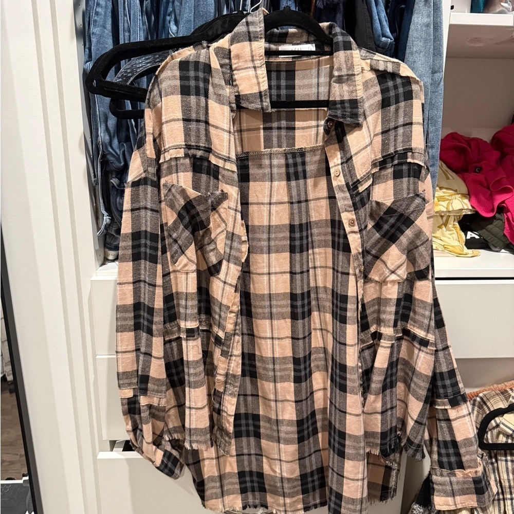 TALULAH Plaid Button Down Shirt - Black and Tan